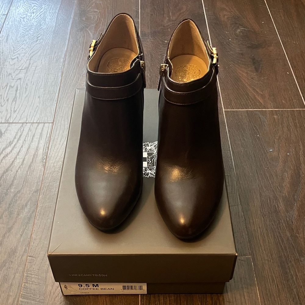 Vince Camuto Coffee Bean Leather Ankle Booties with Gold Accent